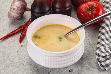 Salmon cream soup with vegetables