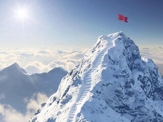 The crisp mountain air, a flag standing at the summit, steps leading up, embodying corporate climb and success