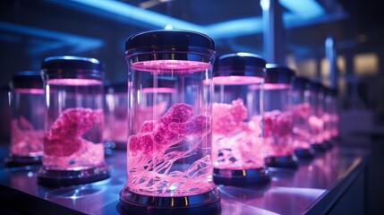 Detailed visual representation of synthetic beef production in a lab beaker, featuring sterile, high-tech surroundings and soft focus lighting