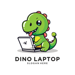 dinosaur with laptop working logo design vector illustration