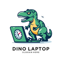 dinosaur with laptop working logo design vector illustration
