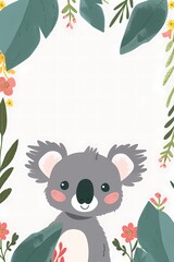 Tropical leaf background with cute koala frame. Frame with branches of a tree.