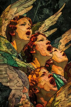 a pop art portrait of a group of angels singing