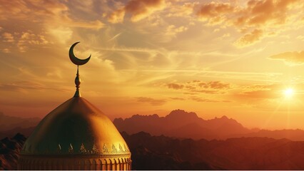 3D rendering of a golden dome with a crescent moon on top, silhouetted against the sky at sunset, with mountains in the background. A concept evoking Ramadan - Powered by Adobe