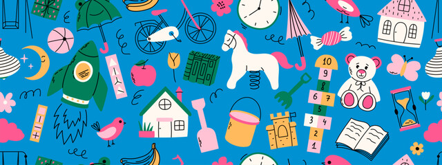Colorful seamless pattern with kindergarten doodles. Horse, hopscotch, toys, rocket, umbrella, house, book and other elements.