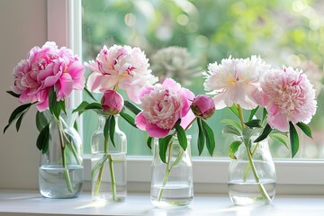 Sunlit peonies in glass vases on a marble window sill