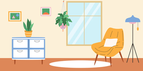 Living room interior design with window and macrame plant. Vector illustration.