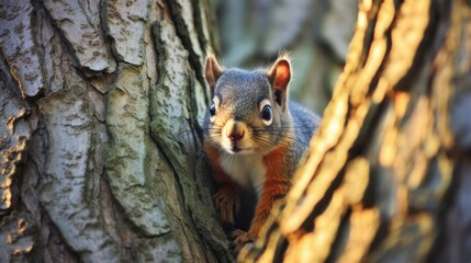 Red squirrel close up on tree