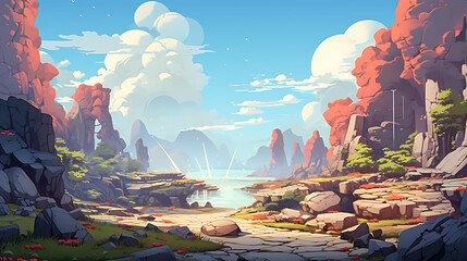 A vector graphic of a fantasy realm with floating rocks.