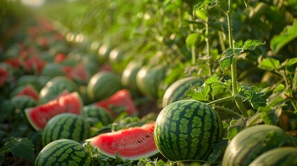 Rainbow Watermelons A Vibrant Field of Diverse Fruits Stretching to the Summer Horizon