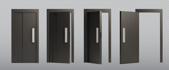 3d open and close house or office front door frame. Realistic black ajar doorframe with handle asset lock and welcome. Closed wooden exit for opportunity elements. Dark shut way to living room design