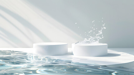 White round podium floating on blue water surface. Vector realistic 3d mockup of empty pedestal for display product on water ripples backdrop, skincare and medicine advertisement.