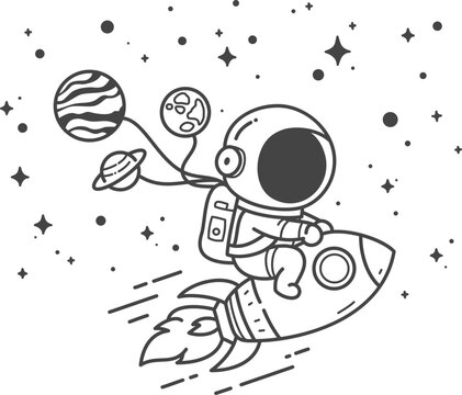 astronaut riding rocket in space, black and white clip art preview