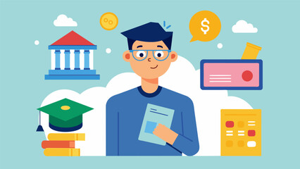 A student looks at their bank account balance relieved to see that by living frugally and sticking to a budget they can make their student loan. Vector illustration