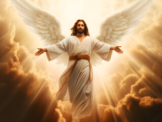 Resurrected Jesus Christ with wings ascending to heaven. God, Heaven and Second Coming concept