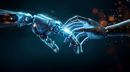  Technology trends in 2024 concept. Initiative innovation and technology. Digital and technology transformation in business and industry. 3D rendering AI robot and human hand on digital background