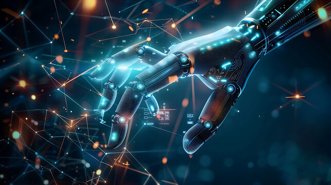  Technology trends in 2024 concept. Initiative innovation and technology. Digital and technology transformation in business and industry. 3D rendering AI robot and human hand on digital background