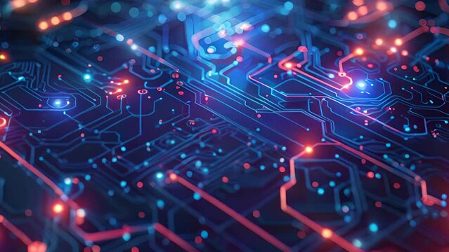A close-up of a computer circuit board with blue and orange lights.