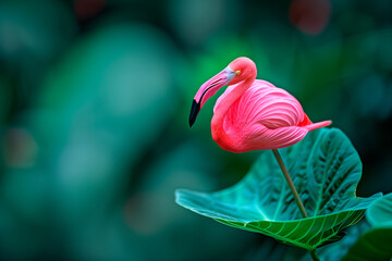 A pink flamingo balances on top of a vibrant green leaf, showcasing long legs and curved neck on black background