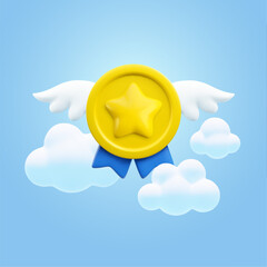 Vector realistic 3d winner concept. Gold medal with star, blue ribbons, wings and clouds on sky background. Trendy gold round award, game winner badge sign. 3d render minimal cartoon banner.