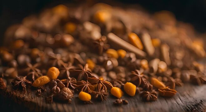 Wooden spoonfuls of colorful spices on a plate