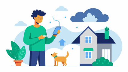 A pet owner checking the temperature and humidity levels in their home through a cloudbased monitoring system to ensure their pets comfort.. Vector illustration