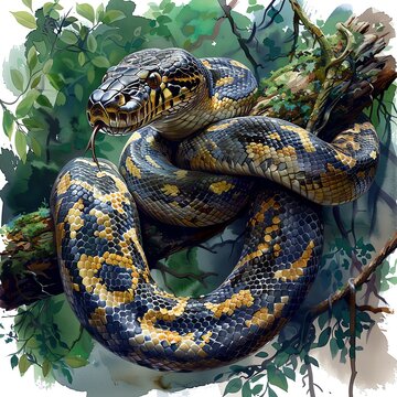 Slithering motion of a python as it coils around a tree branch in the dense canopy of the rainforest, depicted in subtle watercolor tones