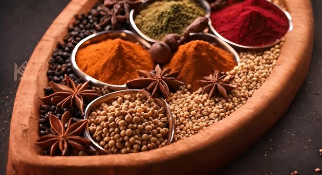 Colorful spices arranged on a wooden plate