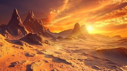 Naklejka premium Panoramic view of colorful sunrise or sunset in mountains. Beautiful sky and rocks. Aerial view. Prehistoric earth. Ai-generated.