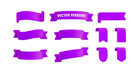 Vector Realistic 3d Ribbons and tags set. Cartoon 3d violet ribbons collection on white background. Trendy design element, decorative sticker. Cute folded ribbon for sale banner, advert, game, app.