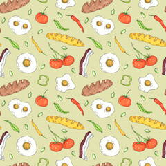 Hand drawn breakfast food seamless pattern. Illustration for fabric und textile design, wallpaper, packaging, food design, menu design, decoration.