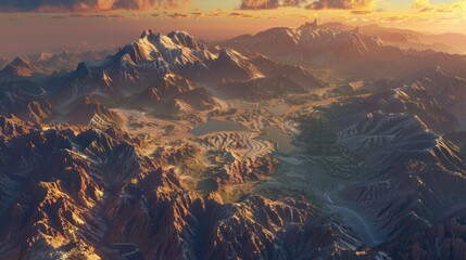 Panoramic view of colorful sunrise or sunset in mountains. Beautiful sky and rocks. Aerial view. Prehistoric earth. Ai-generated.