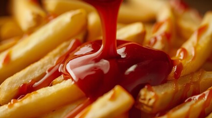 Closeup shot of tomato ketchup being poured onto french fries