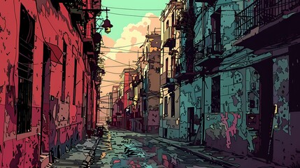 Fototapeta premium Green and pink town street scene illustration poster background