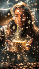 A skilled barista carefully pouring steamed milk into a glass of espresso, creating a remarkably detailed rendition of the Girl within the layered coffee and milk swirls..