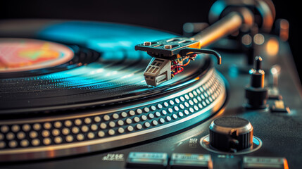 Close-up of a classic vinyl record spinning on a turntable, with the needle in the groove and soft...