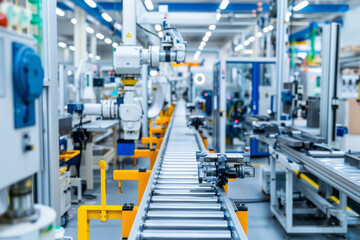 Fototapeta premium An empty conveyor belt in a factory, production lines idle, factories shut down and production halts concept.