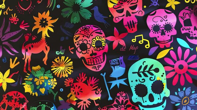 A vibrant and colorful display of Mexican paper cutouts, known as "Cinco de Mayo" banners, with various designs including skulls, birds, flowers, stars, hearts, and musical notes