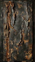 A black and brown painting of a piece of wood with a rusty surface