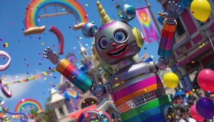 Friendly rainbow robot stars on exuberant Pride parade float