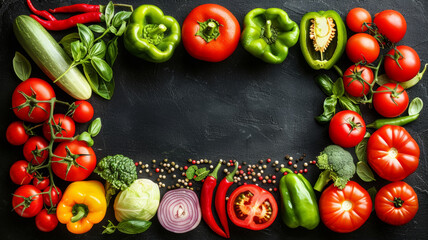 A colorful assortment of vegetables including tomatoes, peppers, and broccoli