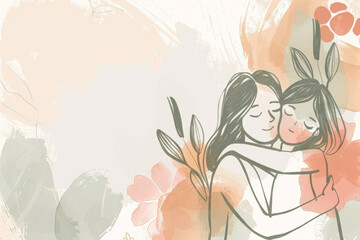 Mother and daughter are hugging each other with minimal flower design, mothers day background