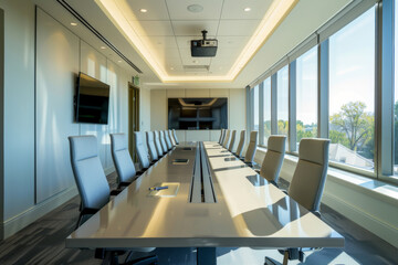 A conference table with many chairs around it, modern meeting room interior design.