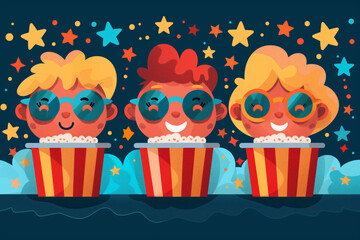 Fototapeta premium Illustration of three children in glasses with popcorn watching a movie