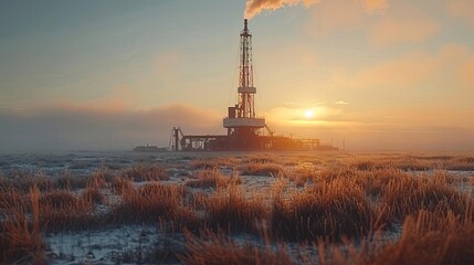 An oil rig stands in a field of wheat while the sun sets in the background.