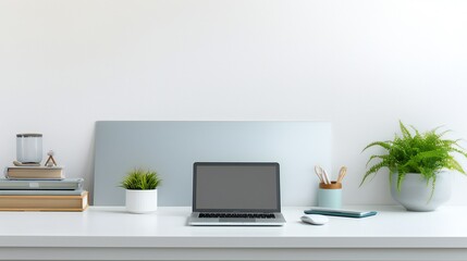 A sleek silver laptop viewed from the front on a minimal white table surrounded by work elements - a notepad, pencil holder and stacks of paper in a peaceful modern office