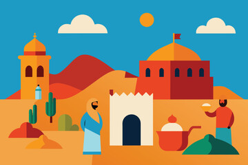 Vector illustration of Middle Eastern scene. Arabic desert landscape with traditional mud brick houses and people. Carpets, ceramics, fruits, spices. Islamic Architecture vector design