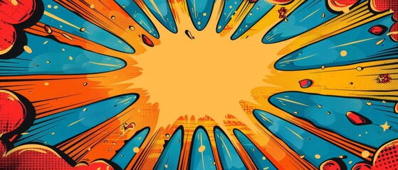 Conceptualize a superhero birthday card with a comic book explosion background, strategically placing blank space for adding birthday party games or activities