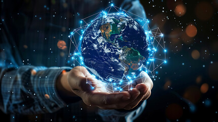 man hand holding night earth with global network communication technology including earth crptocurrency, blockchain, iot, 5g Earth day energy for envirionment Elements of this image furnished 