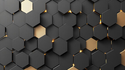 Hexagonal abstract metal black background with gold line light.